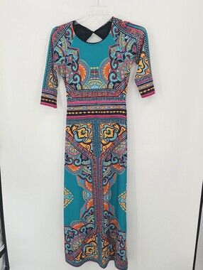 Hale Bob Boho Maxi Dress, XS Teal Abstract Design